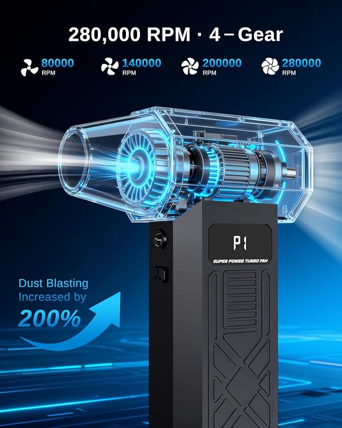 Compressed Air Duster-280000RPM Electric Air Duster,4-Gear Adjustable Super Power Air Blower,Rechargeable Mini Blower with Fast Charging for PC,Keyboard,House,Outdoor & Car