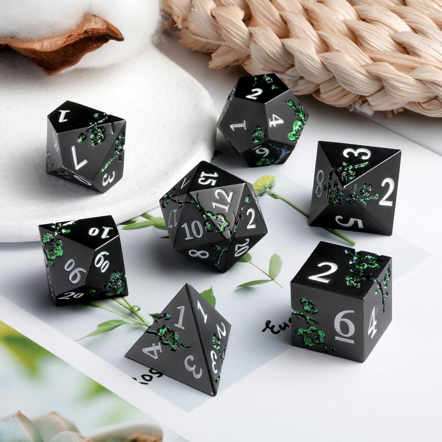 Glitter Green DND Metal Dice, DNDND 7 PCS Flower Metallic DND Dice Set with Gorgeous Gift Case for Dungeons and Dragon Tabletop Game (Matte Black with Glitter Green Flower)