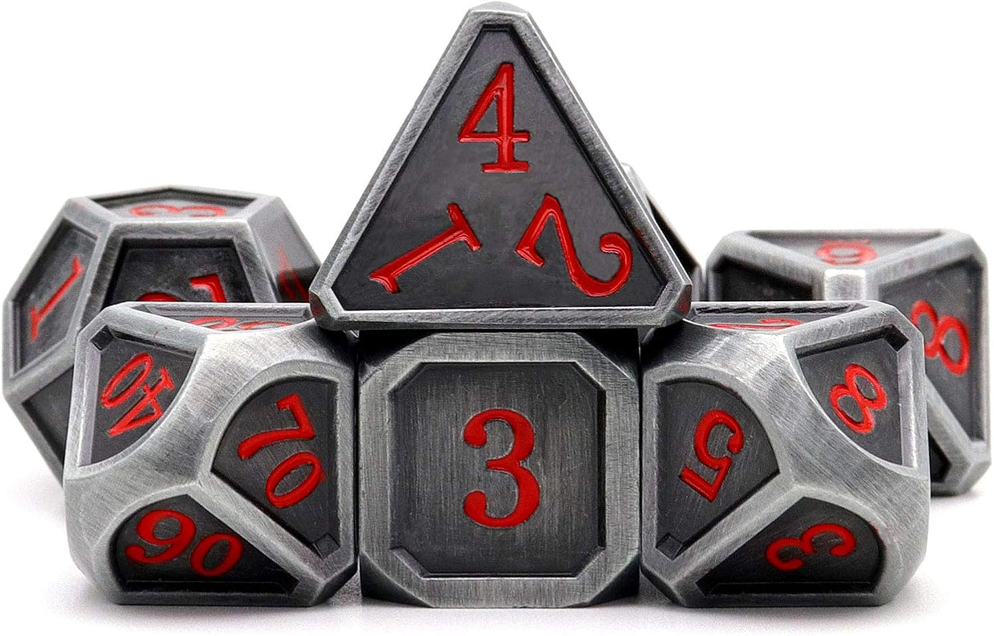 Haxtec Ancient Silver Metal DND Dice Set D&D 7PCS Large Rounded Antiue Iron RPG Dice Red Numbers for Dungeons and Dragons TTRPG Game Gifts',Standard size