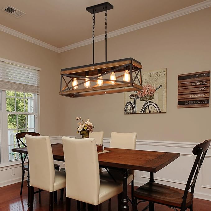 Rustic Farmhouse Wood Kitchen Island Lighting, 5 Lights Rectangular Pendant Light Fixture, Adjustable Chain Oak Wood and Metal Linear Chandelier for Dining Room Kitchen Island Farmhouse, Black