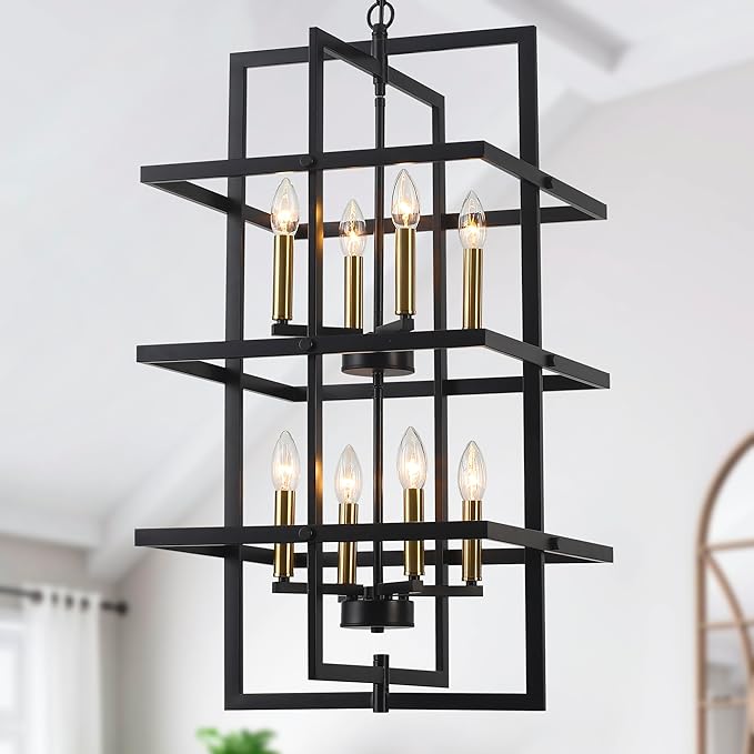 33.46" Large Black Chandelier for High Ceilings Tiered Pendant Light Fixtures Rectangular Farmhouse Chandelier for Foyer Entryway Staircase Living Room Kitchen Island 8 Lights