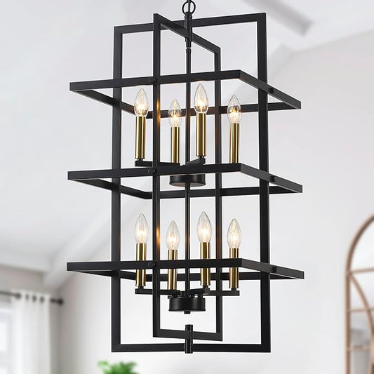33.46" Large Black Chandelier for High Ceilings Tiered Pendant Light Fixtures Rectangular Farmhouse Chandelier for Foyer Entryway Staircase Living Room Kitchen Island 8 Lights