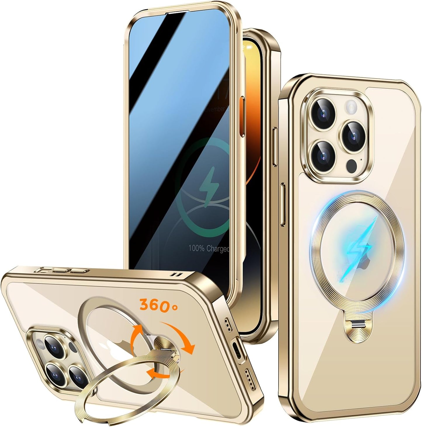 [360° Rotatable CD Stand & Built-in Privacy Screen Magnetic Case for iPhone 14 Pro [Compatible with MagSafe & Full Signal] Mil-Grade Shockproof Full Body Anti-Spy Cover for 14 Pro-Gold