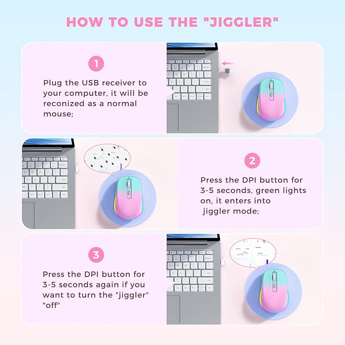 PEIOUS Wireless Mouse Jiggler - LED Wireless Mice with Build-in Mouse Jiggler Mover, Rechargeable Moving Mouse for Computer with Undetectable Random Movement Keeps Computer Awake - Gradient Pink