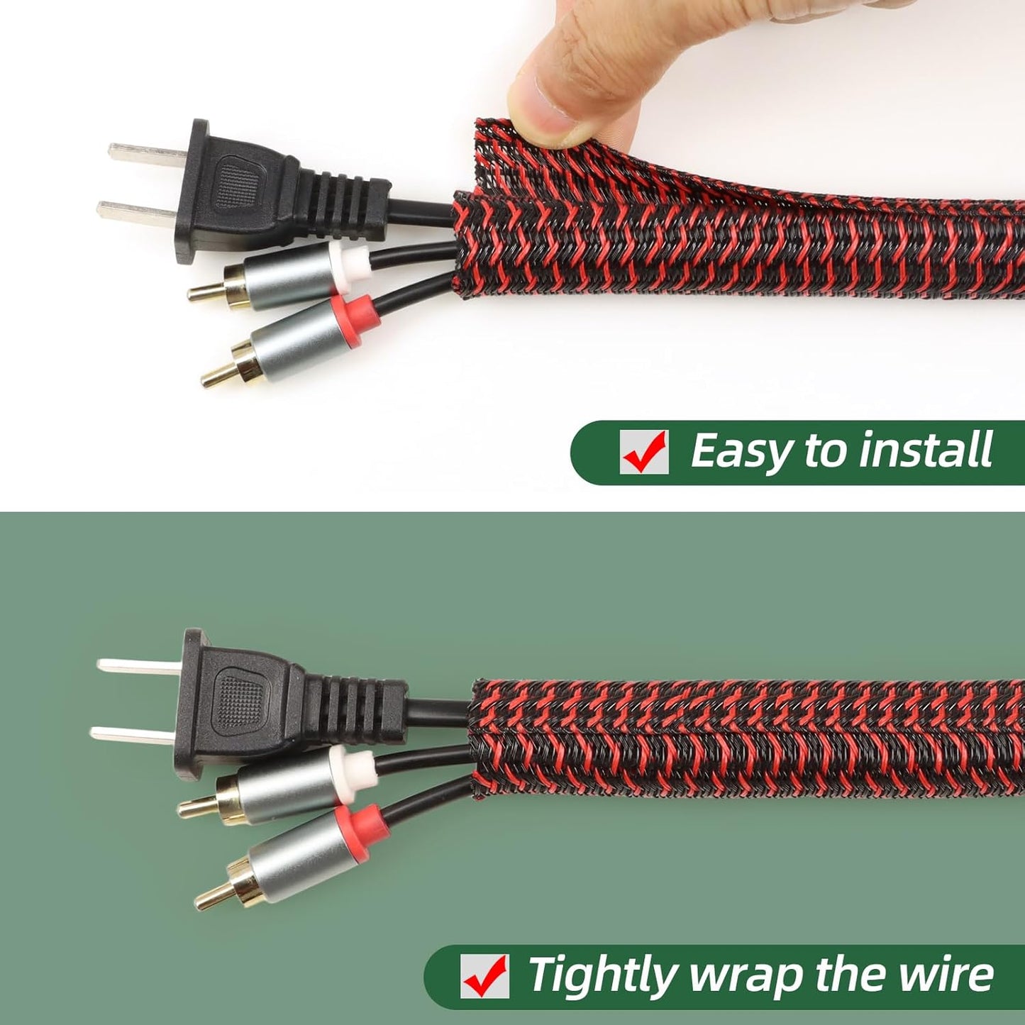 Split Wire Loom Tubing, Cable Protector Sleeve, Braided Cable Management for TV/Computer/Home Theater/Engine Bay, Cord Protectors from Pets No Chew (Red and Black, 3/8"-10ft)