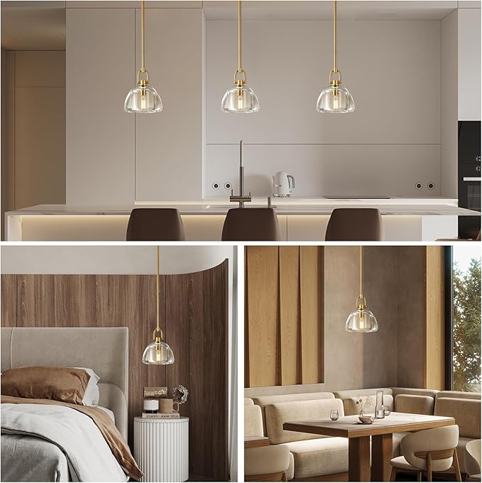 Pendant Light Fixture, 7" Glass Modern Brass Pendant Lights Kitchen Island, Hanging Glass Dome Pendant, Gold Kitchen Pendant Lighting Over Island,E12 Bulb Included, 2PCS