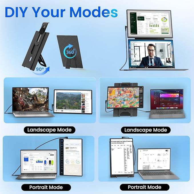 Laptop Screen Extender 16" - 1200P FHD Portable Monitor Travel Monitor for Laptop HDMI USB-C Plug & Play 360° Rotating Detachable Stand Height Adjustable for Travel/Work/Study