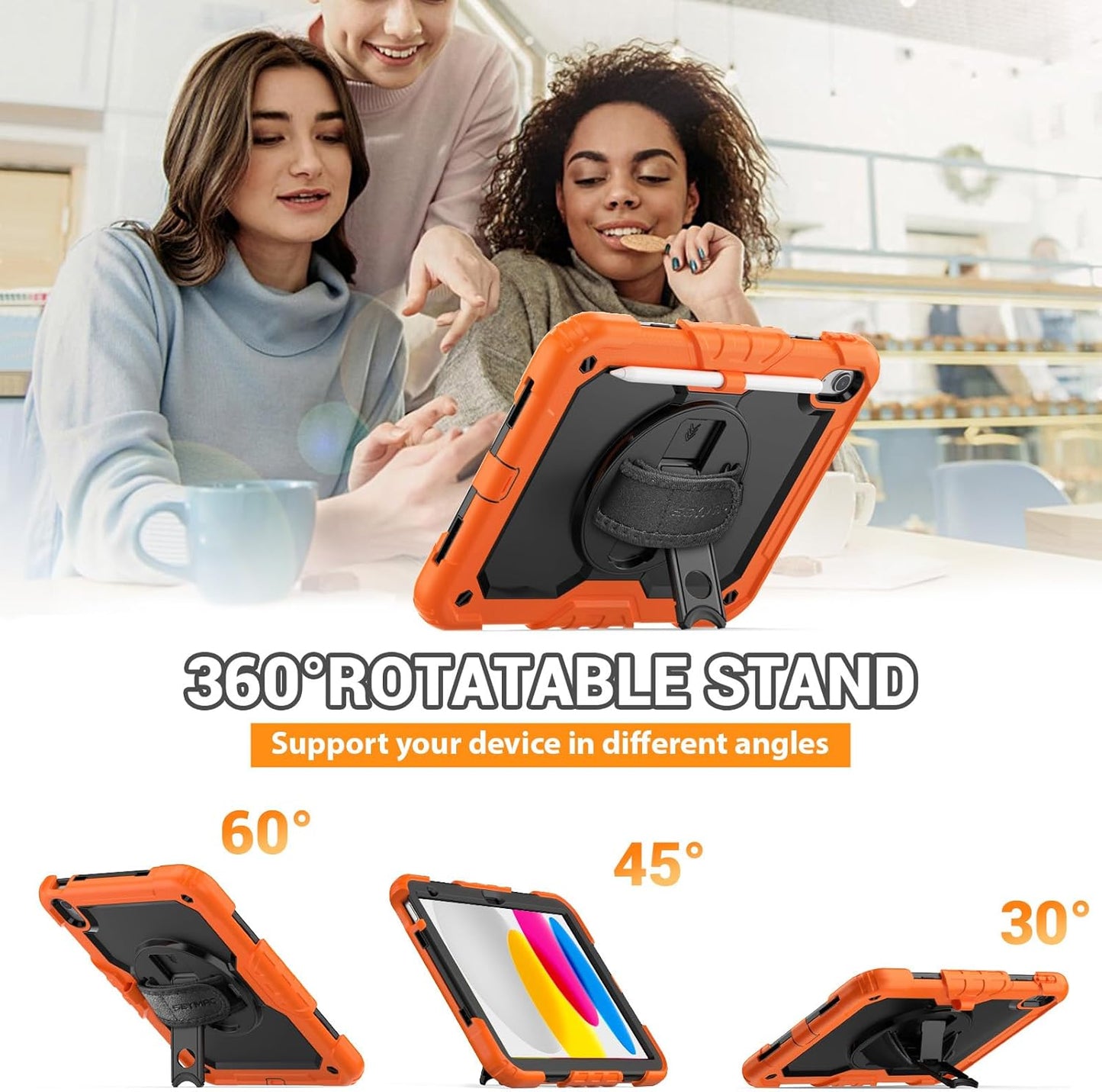 SEYMAC for iPad (A16) 11th/10th Generation Case 2025/2022 (11″/10.9″), Sturdy Heavy Duty Full-Body Shockproof Protective Case with Screen Protector, Rotating Stand, Hand/Shoulder Strap, Black/Orange