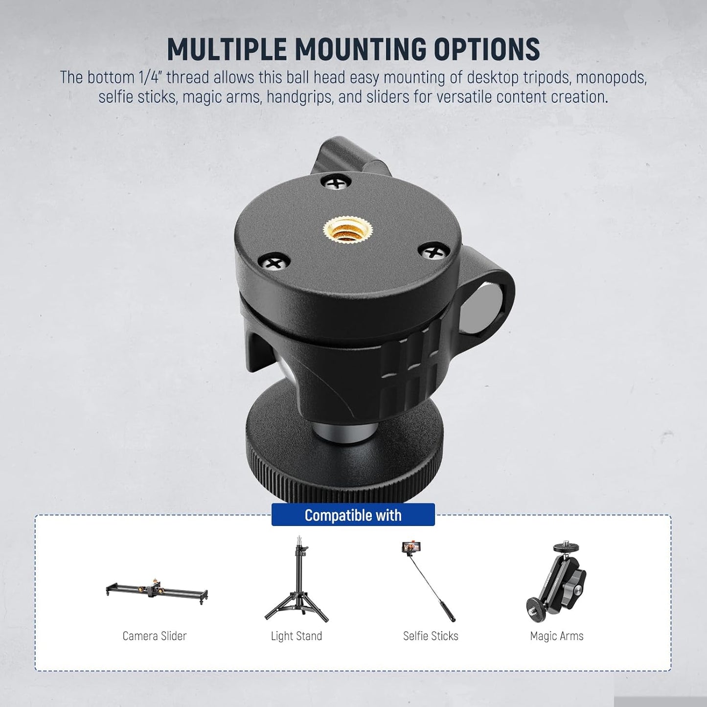 NEEWER Basic Mini Ball Head, Portable Tripod Head Camera Mount Adapter with 1/4" Screw for Compact DSLR Action Cam Phone LED Ring Light Monopod Slider, 4.4lb Max Load, 360° Swivel & 90° Tilt, GM01