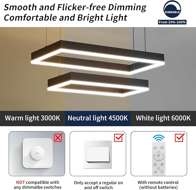 Modern Pendant Light Fixture, LED Black Chandelier for Kitchen Island, 2 Layer Rectangle Adjustable Height, Dimmable 3000K-6500K Ceiling Hanging Light for Dining Room Table, Bedroom, Living Room