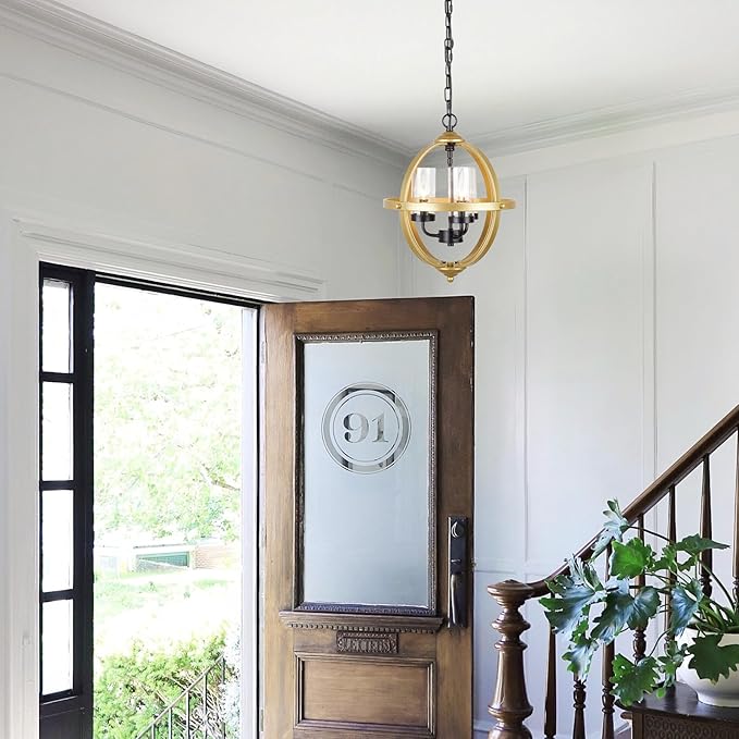 Treekee Rustic Chandelier, 14" Gold Glass Cover Luxurious Hanging Light, 3-Light Globe Vintage Pendant Ceiling Light Fixtures for Living Room Entryway Dining Room