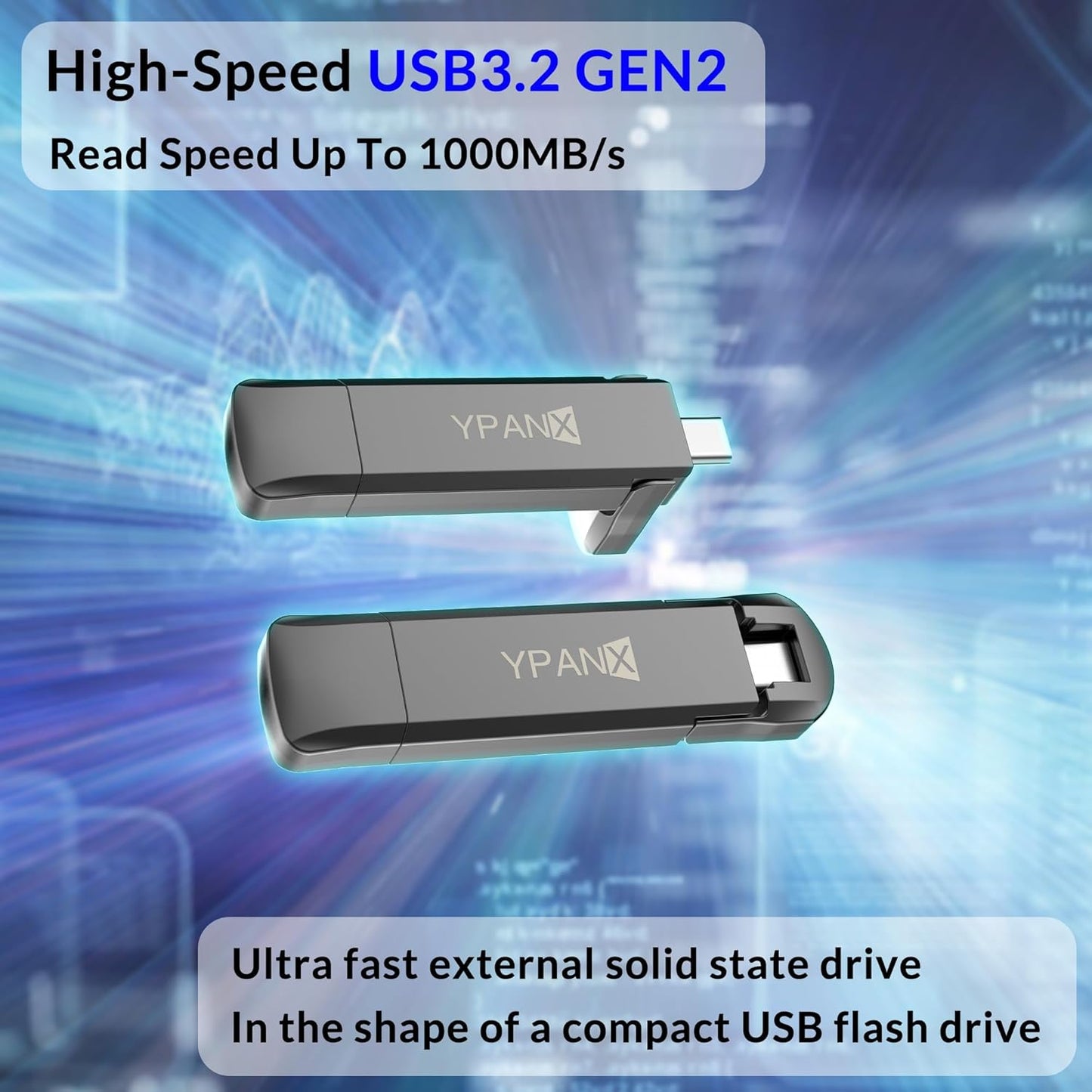 YPANX 1 TB Pro Portable SSD, 1000MB/s Speed, USB 3.2 Gen 2 + Type C Dual-Port, Lightweight External SSD for iPhone 15/16/Pro, Android, Windows, Mac, Tablets