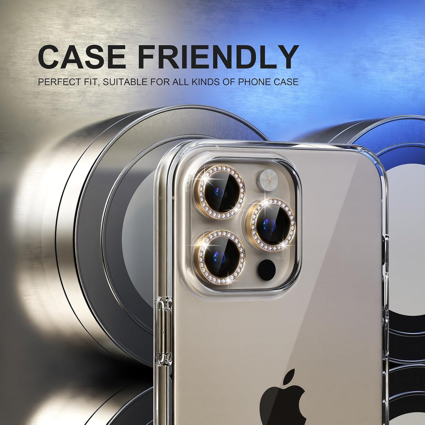 Choiche Compatible for iPhone 15 Pro/iPhone 15 Pro Max Camera Lens Protector Bling, 9H Tempered Glass Camera Cover Screen Protector Metal Ring Decoration Accessories (Diamond-Gold)