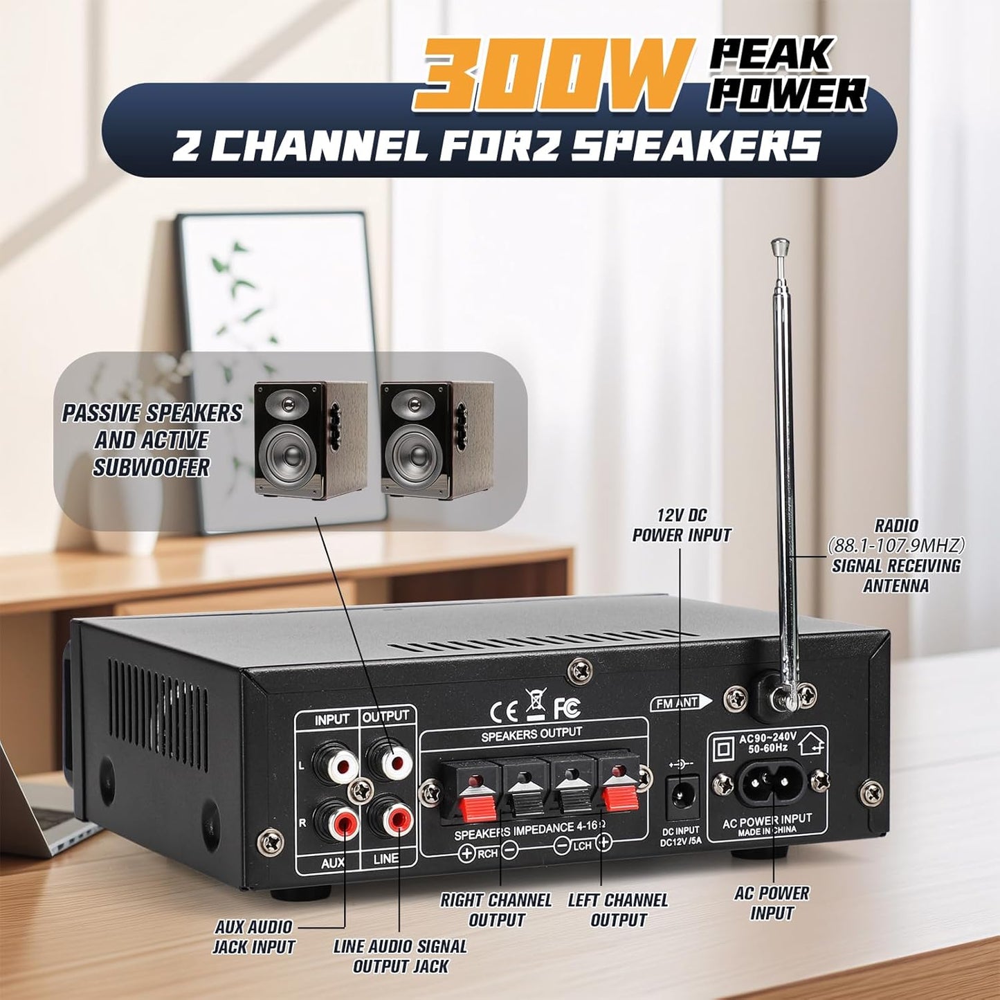 Stereo Audio Amplifier, 300W Home 2 Channel Wireless Bluetooth 5.0 Power Amplifier System, Home Amplifiers FM Radio, USB, SD Card, with Remote Control Home Theater Audio Stereo System