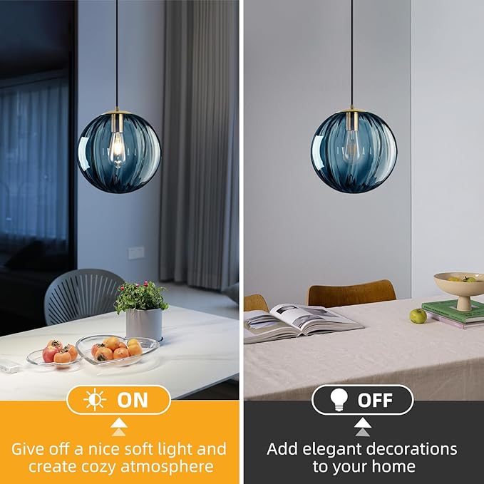 Modern Blue Glass Pendant Light, Kitchen Island Lighting Single Globe Pendant Light Fixtures Century Kitchen Island Pendant Lighting for Bedroom Living Dining Room Light Fixture （Without Bulb）