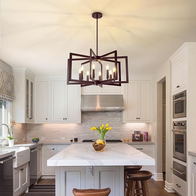 8-Light Oil-Rubbed Bronze Chandelier, Farmhouse Dining Room Light Fixture, Modern Chandelier, Geometric Industrial Metal Hang Lighting Fixture for Foyer Entryway Kitchen Over Table Hallway Living Room