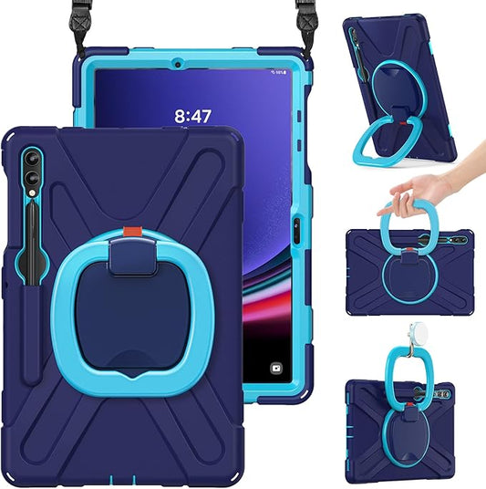 BRAECN Case for Samsung Galaxy Tab S9 FE+ Plus/S9+ Plus/S8+ Plus/S7 FE/S7+ Plus 12.4 Inch, Rugged Silicone Cover with Handle Grip, Kickstand, Shoulder Strap, S Pen Holder, Navy Blue
