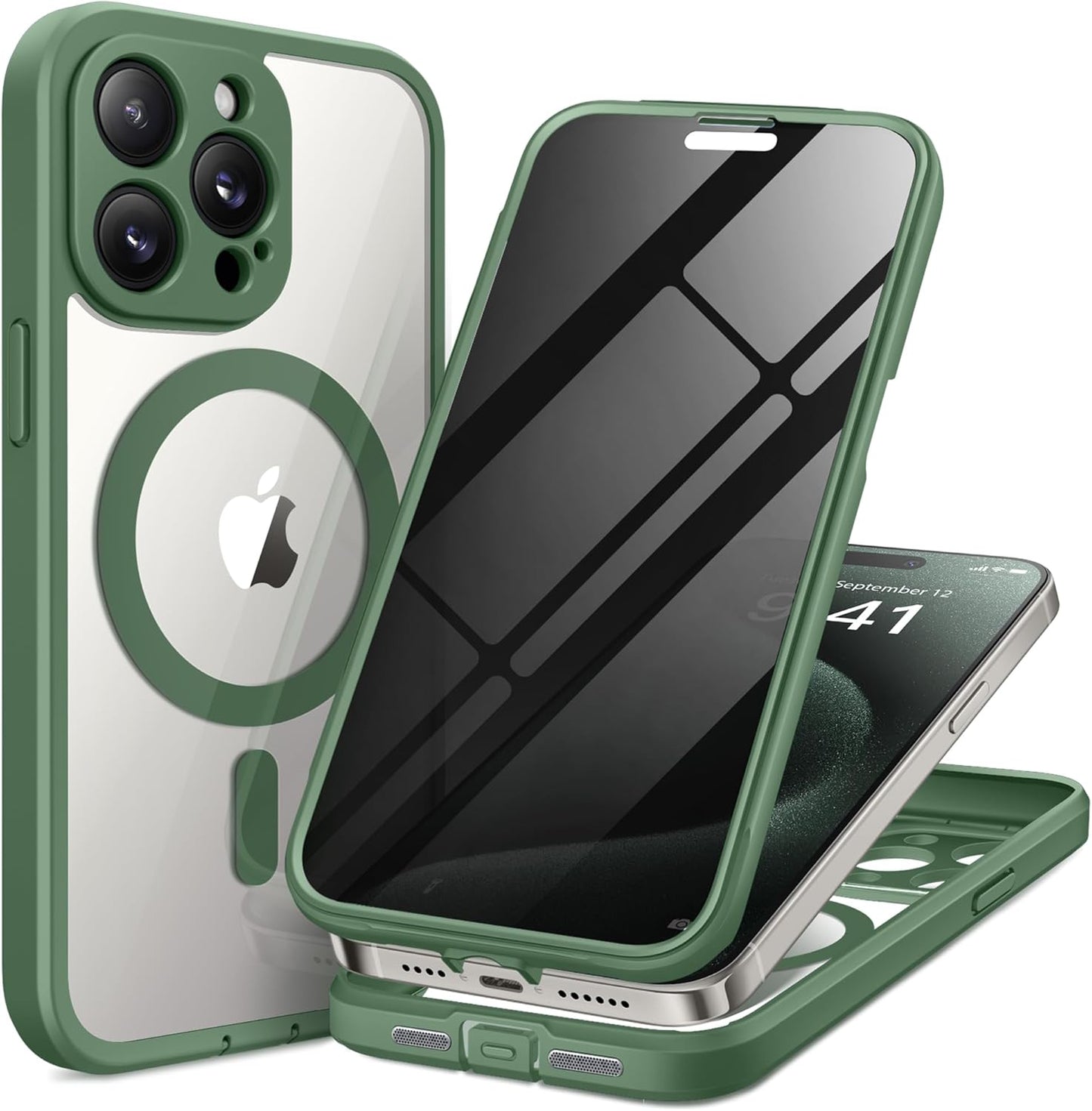 Magnetic for iPhone 15 Pro Case, Compatible with MagSafe, Built-in Privacy Screen Protector and Camera Protection, Anti Spy Full Body Dustproof Shockproof Hard Phone Case 6.1", Pine Green