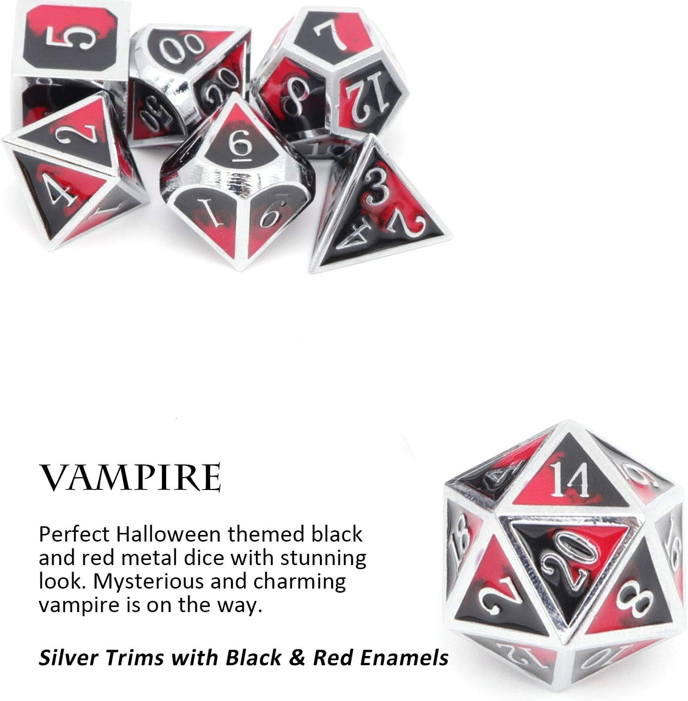 Haxtec DND Metal Dice Set D&D Red and Black Metal DND Dice Compatible with Dungeons and Dragons RPG Games-Vampire(Silver Black Red)