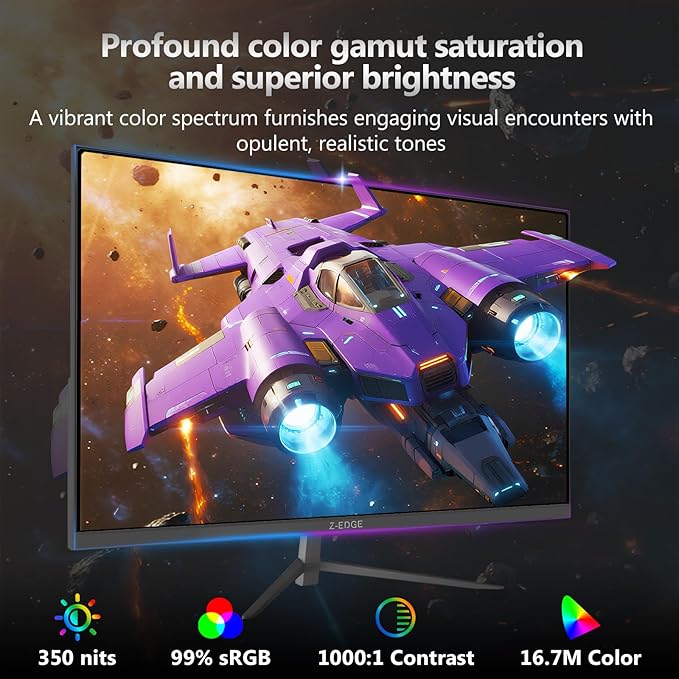 Z-Edge 24 inch 240Hz 165Hz Gaming Monitor, FHD 1080p, MPRT 1ms, IPS Monitor Gaming, 350nits, 16.7M Colors, 99% sRGB, UG24PJ Frameless Bezel, DP x1, HDMI x1(Black)