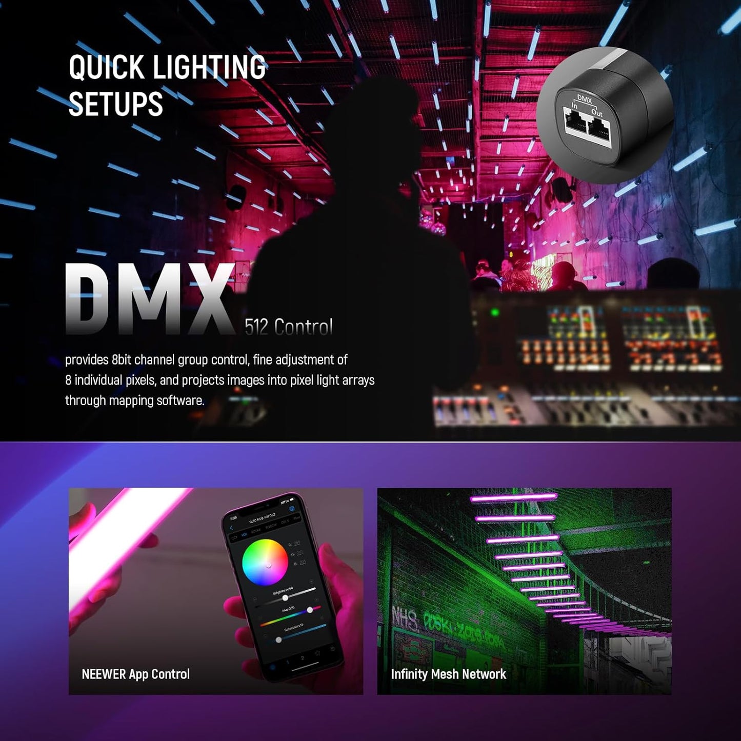 NEEWER TL60 RGB Tube Light, 20W Full Color RGBWW LED Video Lighting Wand Stick for Studio Photography Recording Streaming, APP/2.4G/DMX Control, 7 Pixel Effects 18 Scenes, 2500-10000K CRI97+ TLCI98+