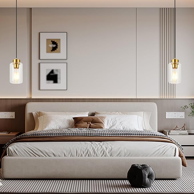 Modern Pendant Lighting, Clear Glass Shade Pendant Lights Kitchen Island, Brushed Brass Hanging Ceiling Light Fixture, Farmhouse Pendant Lighting for Dining Room Bedroom Bar Office