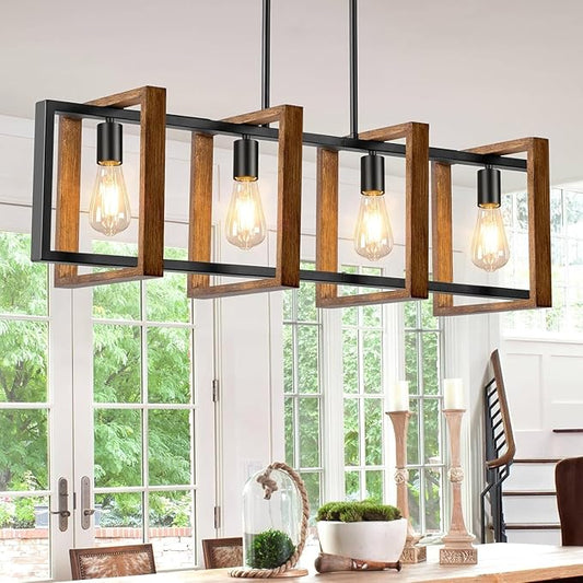 4 Lights Dining Room Light Fixture, Farmhouse Kitchen Island Lighting Wood and Black Metal Rectangular Hanging Chandelier for Ceiling Living Room, Modern Rustic Pendant Lighting Fixture Over Table