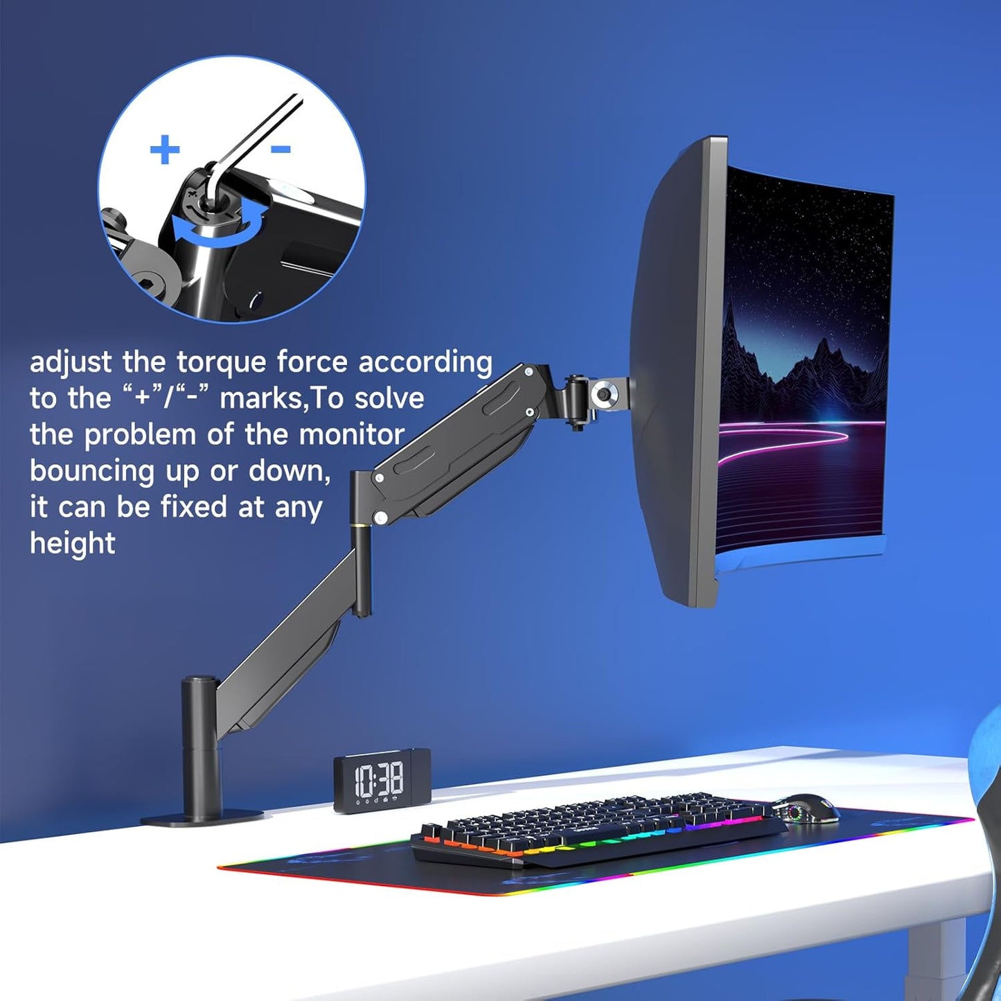 Pholiten Premium Aluminum Heavy Duty Monitor Arm，Ultrawide Monitor Arm,Full Motion Single Computer Mount for Computer Screens up to 43 inchs and 28.6lbs,Adjustable Clamp and Grommet Vesa Mount.