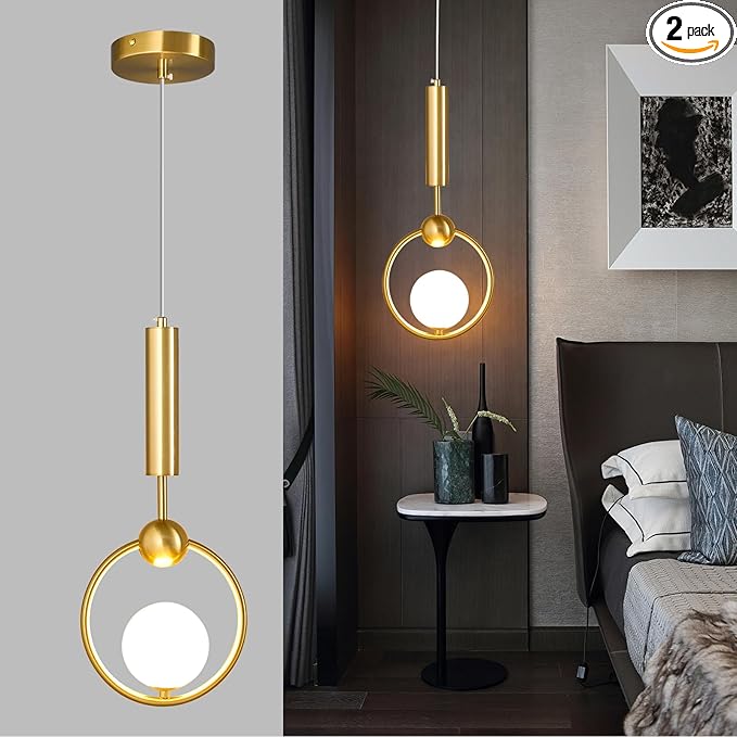 Modern Globe Glass Pendant Light fixtures 1-Light, Simplicity Gold Pendant Lighting, Mid Century Chandelier for Kitchen Island Dining Room Bedroom Entryway Hallway(2-Pack)