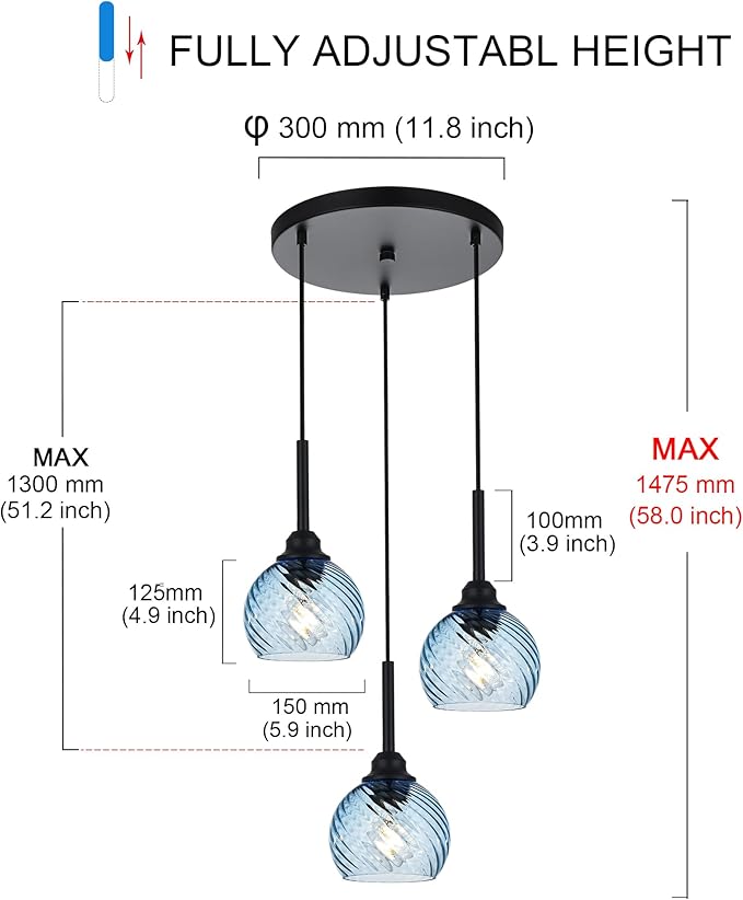 3 Light Pendant Lighting with Striped Swirl Globe Glass Blue Cluster Pendant Light for Kitchen Island, Modern Dining Room Light Fixtures Over Table Hanging Ceiling Light, E26 Base