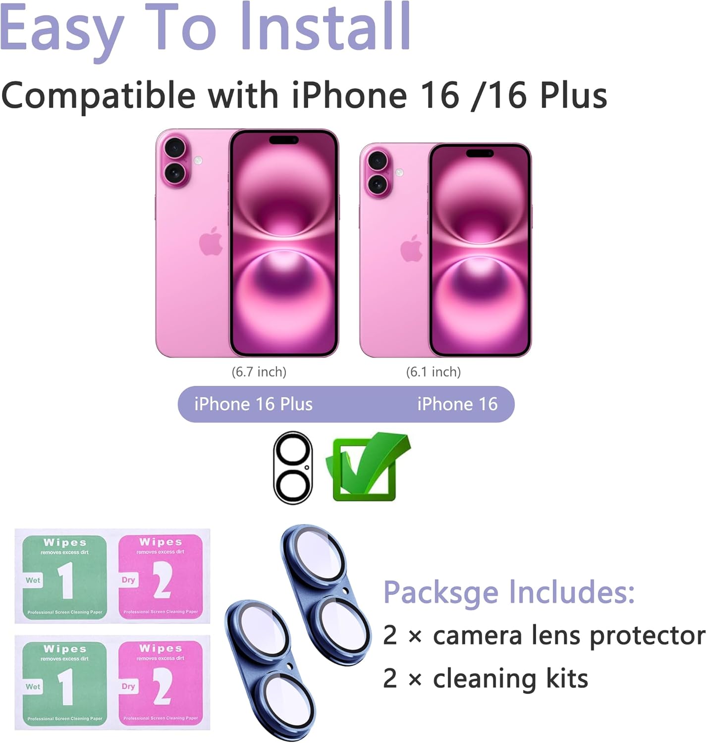 2 Pack Camera Lens Protector for iPhone 16 / iPhone 16 Plus,[Not Easy to Breakn ] AR Tempered Glass Strong Adsorption Metal Camera Cover Screen-Group Blue