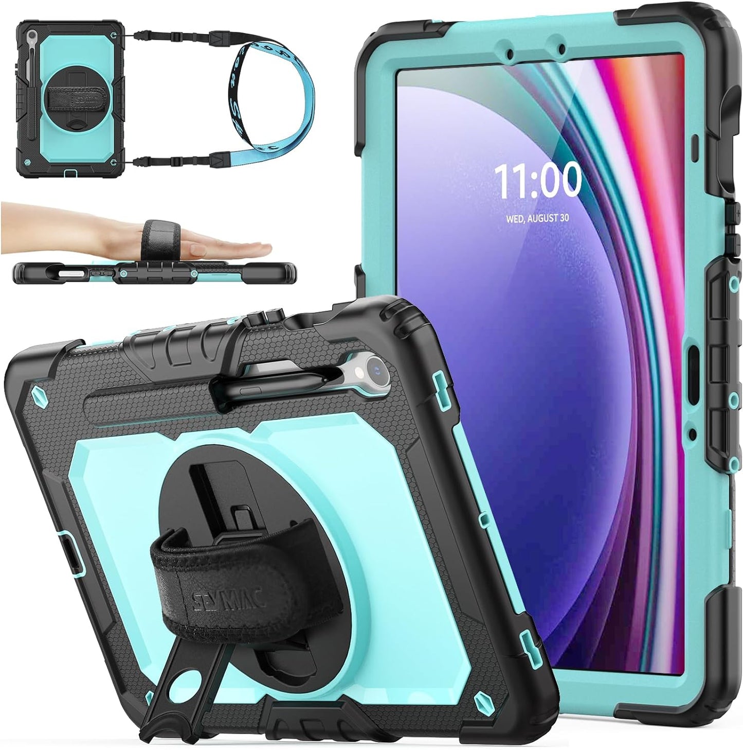 SEYMAC stock Case for Samsung Galaxy Tab S10 FE / S9 / S9 FE 5G Tablet Case Protective with Screen Protector, Pencil Holder, 360 Rotate Stand, Hand Strap, Shoulder Strap, SkyBlue1