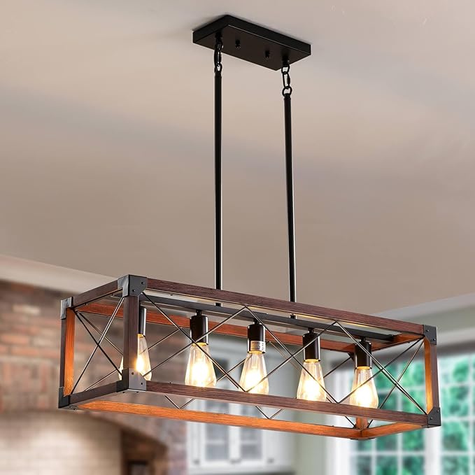 Farmhouse Lighting Dining Room Light Fixture, Farmhouse Chandelier, Kitchen Island Lighting, Rustic 5 Light Pendant Chandeliers, Country Wood Island Lights-Walnut