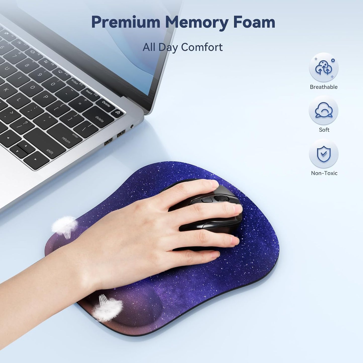 TECKNET 2 Pack Mouse Pad with Wrist Support, Ergonomic Gaming Mouse Pad Pain Relief, Portable Comfortable Mousepad for Computer, Laptop, Office, Home Non-Slip Base, Waterproof Surface - Purple Galaxy