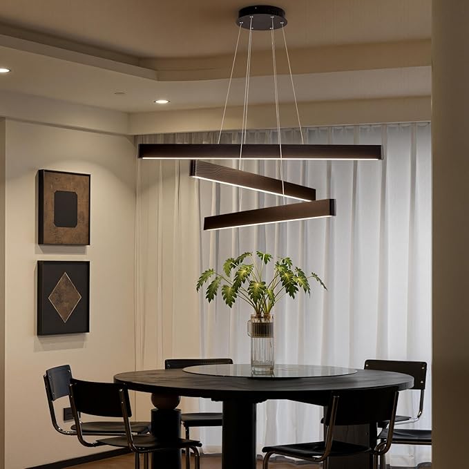 3-Light Solid Wood Black Linear Pendant Light - Dimmable Modern LED Chandelier for Dining Room Table Kitchen Island Living Room Ceiling - 45W Warm Light Adjustable Hanging Fixture Black