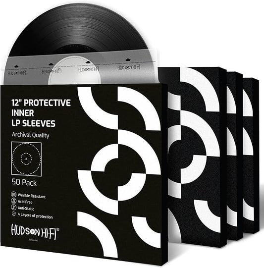 Hudson Hi-Fi Anti-Static Vinyl Record Inner Sleeves 50 Pack - Durable Clear Disc Sleeves- Protect Your LP Albums from Scratches, Dust & Dirt - Acid-Free Rice Paper Interior Disc Covers