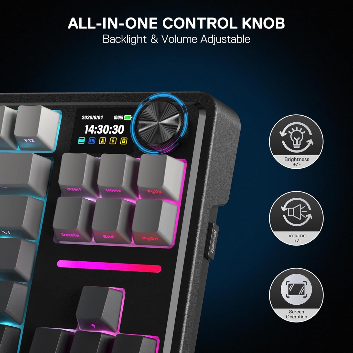 Redragon K743 PRO GB 80% Gasket RGB Gaming Keyboard w/Hype 1.14’’ TFT Screen & Knob, 84 Keys Mechanical Keyboard, 5-Layer Noise Dampening, Hot-Swap South-Facing RGB Socket, Gradient PBT Keycaps