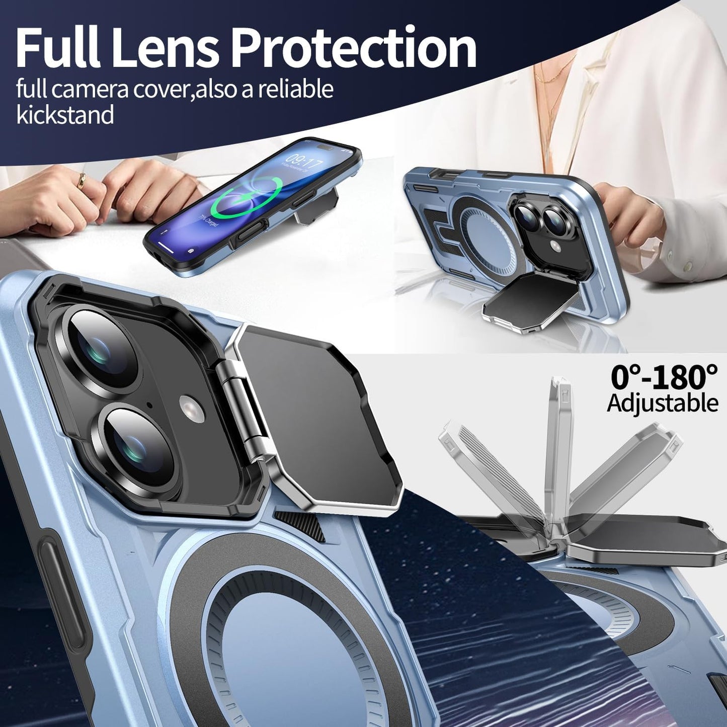 Camera Stand Case for iPhone 16 Plus, [Compatible with Mag Safe] [Lens Cover] 2024 Version Military Grade Protective Soft Case for iPhone 16 Plus 6.7 inch Men Women,Blue