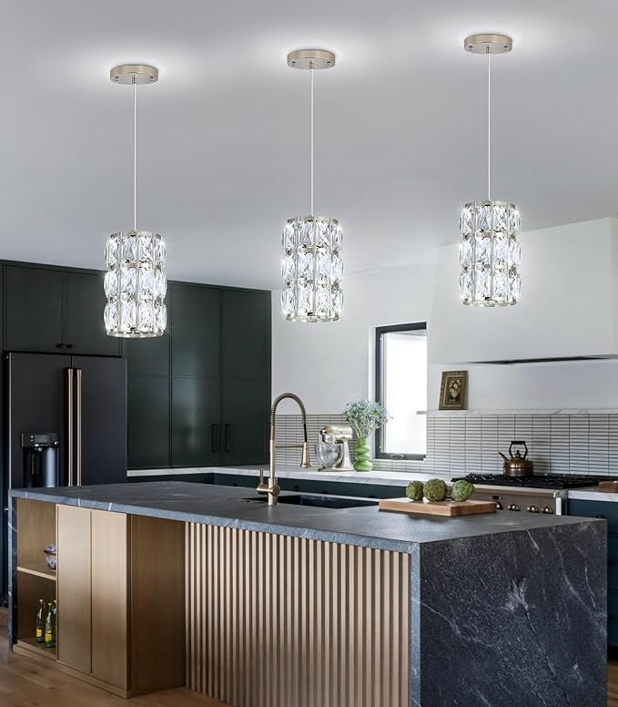 3 Pack Modern Crystal Pendant Lights for Kitchen Island LED Dimmable Glam Pendant Lighting Chandelier for Dining Room Hallway Corner Lamp Nickel