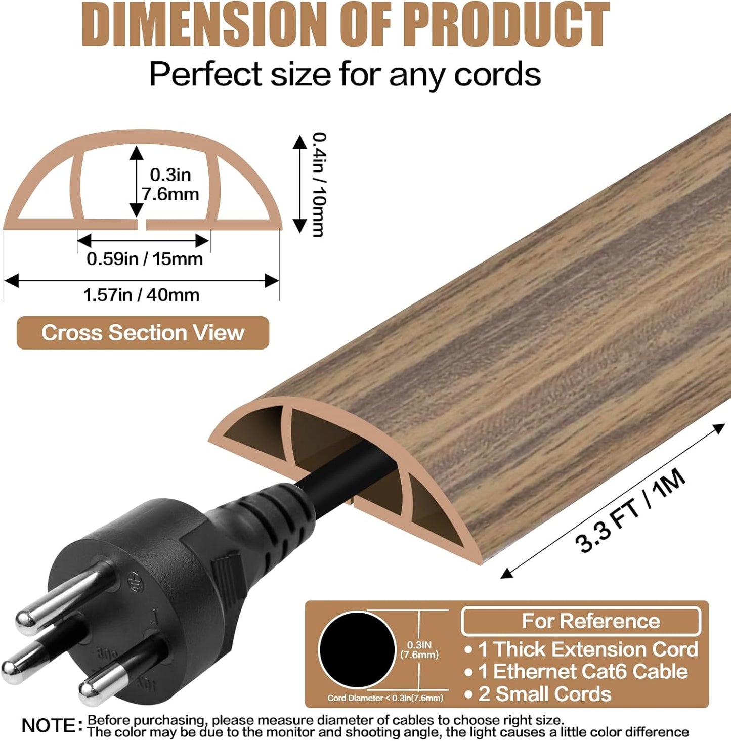 Floor Cord Cover Self Adhesive Cord Hider,3.3FT Cable Management, Extension Strip Protector for Wires, Prevent Cable Trips for Offices, Gyms, Exhibitions Cavity:0.51"(W) x0.3(H) Woodsmokedbrown