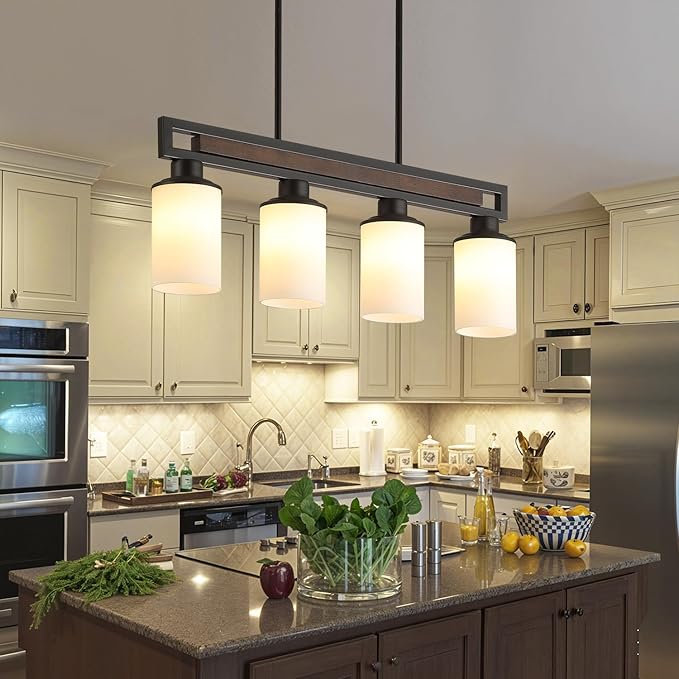 Farmhouse Dining Room Light Fixture, 4-Light Wood Kitchen Island Lighting for Dining Room Over Table, Black Adjustable Pendant Light with Milk Glass Shades, Linear Chandeliers Lighting for Kitchen