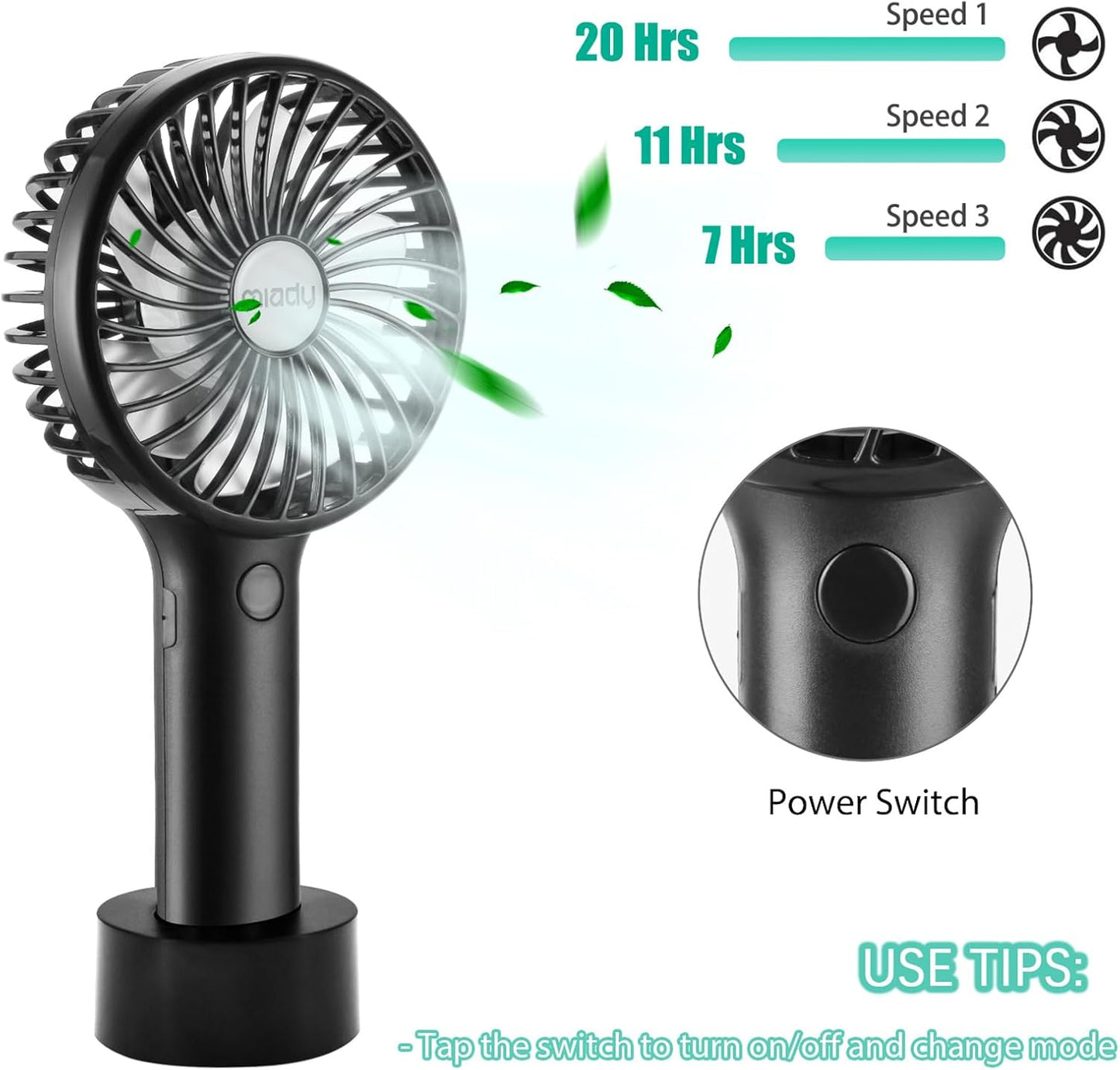 Miady 2-Pack Upgraded 5000mAh Portable Handheld Fan 3 Speed Mini USB Strong Wind 7-20 Hours Runtime Personal Electric for Travel Office Outdoor