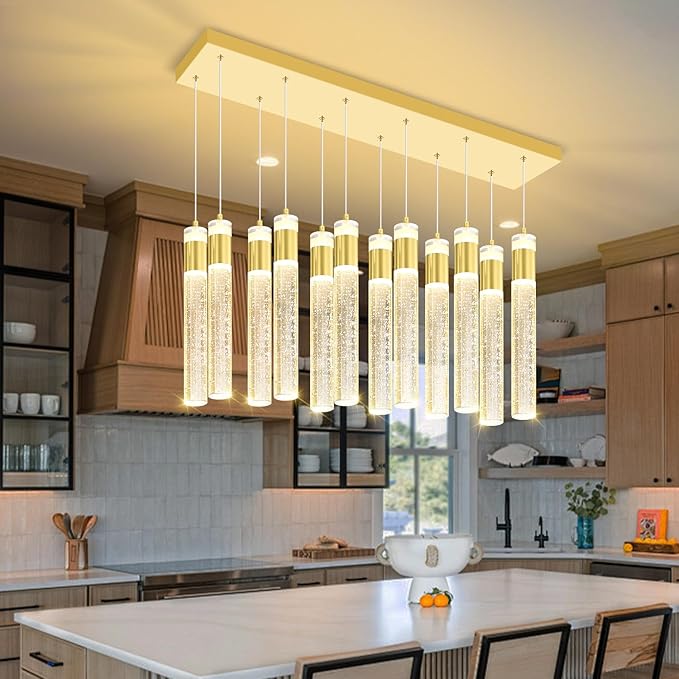 Glam Rectangular Crystal Column Chandelier for High Ceiling 12-Lights Gold LED Dimmable Pendant Light for Kitchen Island Dining Room Entrance Foyer Living Room Adjustable Height