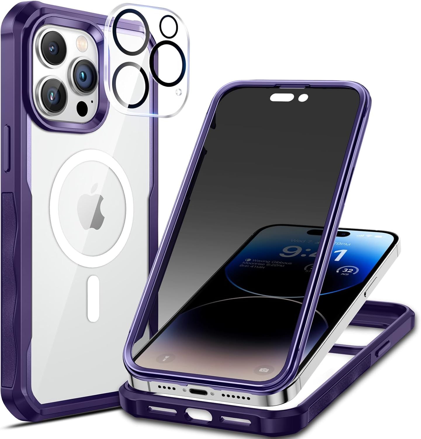 seacosmo for iPhone 14 Pro Case, Full Body Bumper with Built-in 9H Tempered Glass Privacy Screen Protector and Camera Lens Protector, Compatible with MagSafe, Shockproof Phone Case, 6.1", Purple