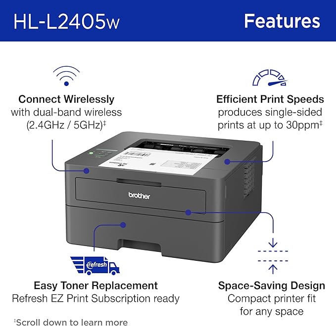Brother HL-L2405W Wireless Compact Monochrome Laser Printer with Mobile Printing, Black & White Output | Includes Refresh Subscription Trial(1), (Renewed Premium)