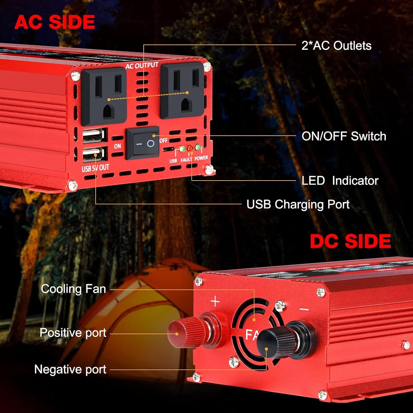 LVYUAN 1000W Car Power Inverter 12V to 110V / 120V DC to AC with 2 US Sockets, Cigarette Lighter, LCD Display, USB Ports for Car, Home, Outdoor, Camping