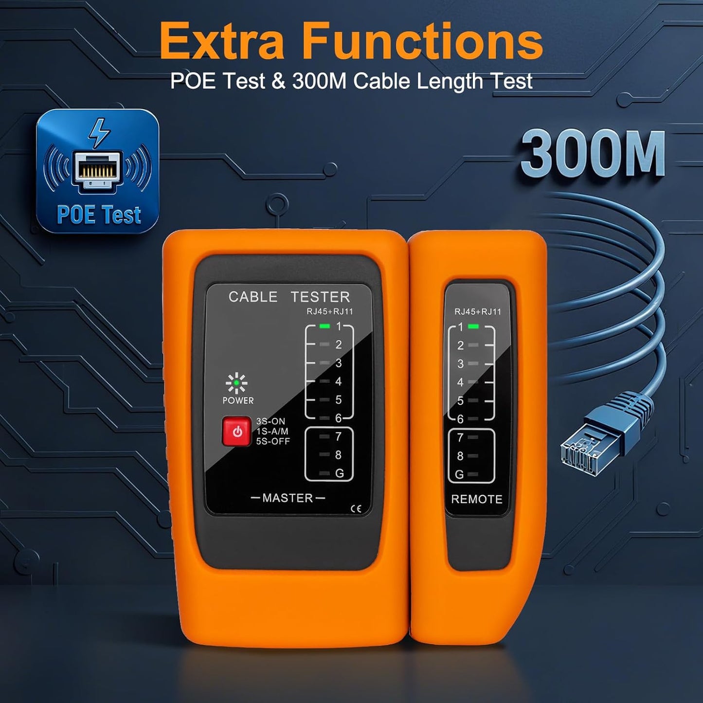 Network Cable Tester and Ethernet Tester with POE Detection, 300m Remote RJ45 Tester for Cat5/Cat6 Cable, Automatically Checks Continuity, Open, Short, Crossover (Battery Not Included)