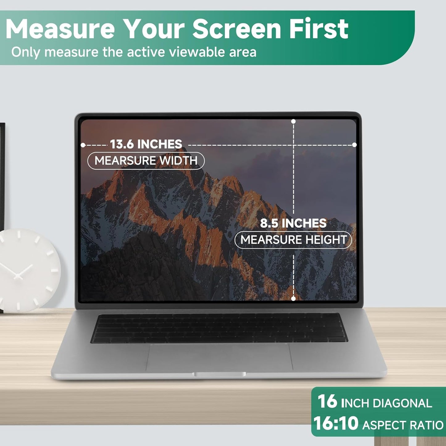 Nano-Suction Laptop Privacy Screen 16 Inch 16:10, Removale Screen Privacy Shield for Laptop, Anti Glare, Anti Bule Light, Screen Protector for Lenovo HP Dell Acer Asus Thinkpad