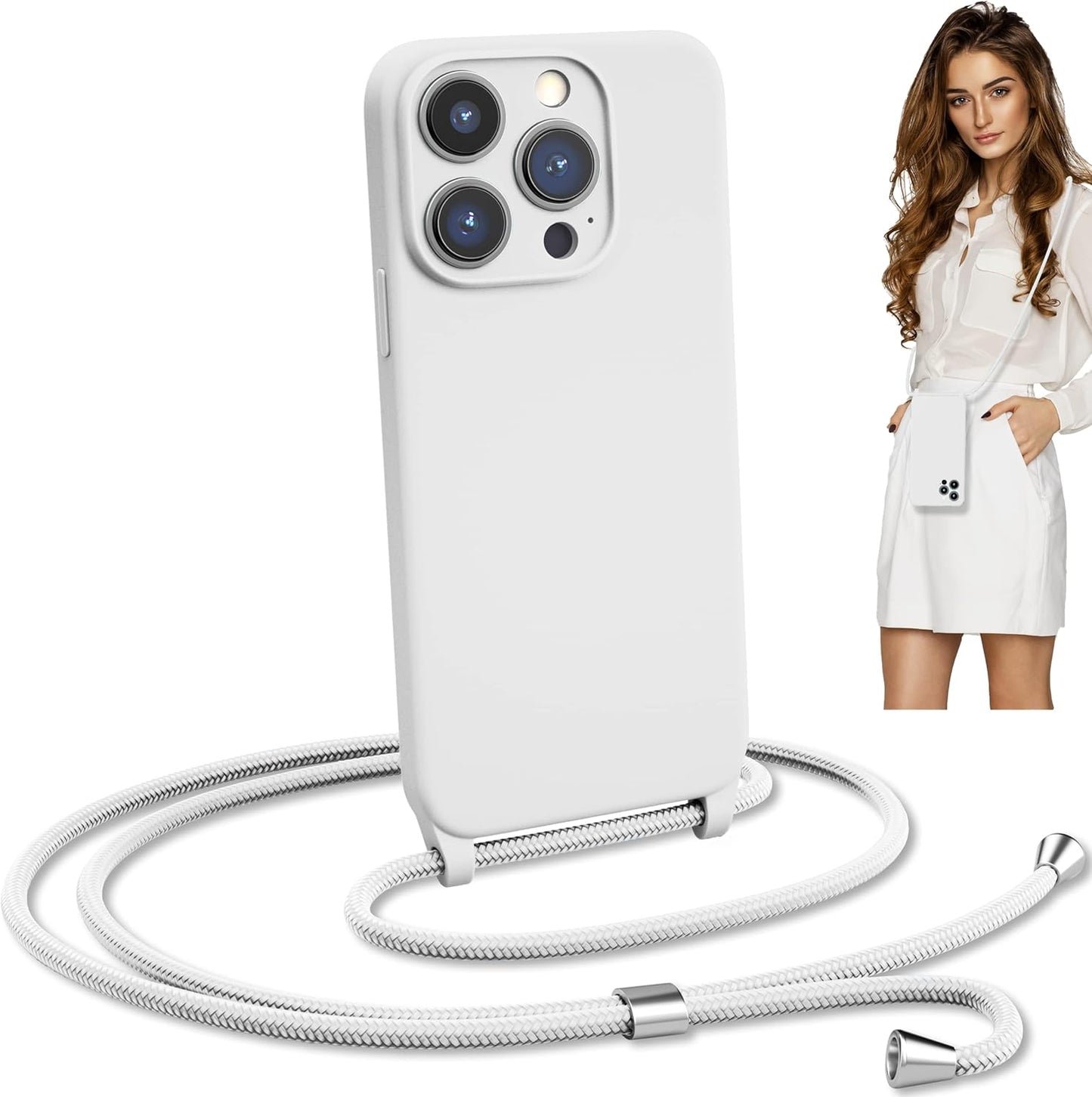 Blaspins Crossbody Lanyard Strap Case for iPhone 13, Neck Cross Body, Adjustable Holder Removable, Drop Protection Shockproof, Hands-Free Silicone Case Cover 6.1 inch, 150 cm Strap, iP13 - White