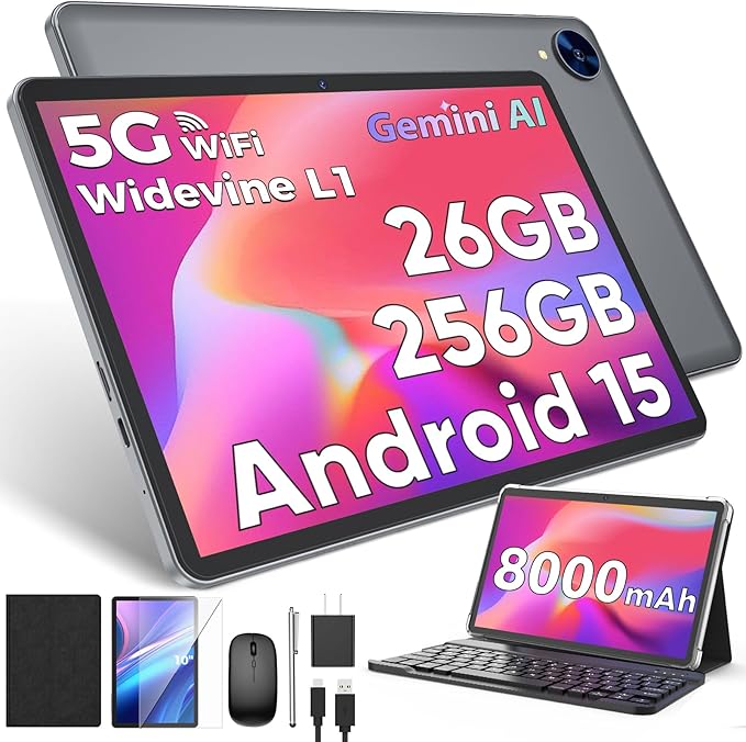 Android 15 Tablet with Keyboard, 26GB RAM, 256GB ROM(2TB Expand), 10 inch tablet with Octa-core, 8000mAh Battery, 2.4G/5G WiFi, BT 5.0, 5MP+13MP Camera, Gemini AI, Case, Mouse, Stylus (Black Case)